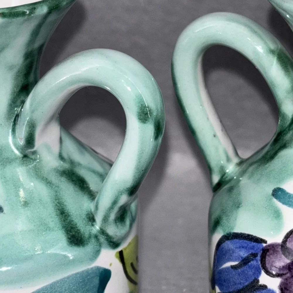 Vintage P. Sorrentino Ravello Oil & Vinegar Cruets W/Caddy Hand painted In Italy